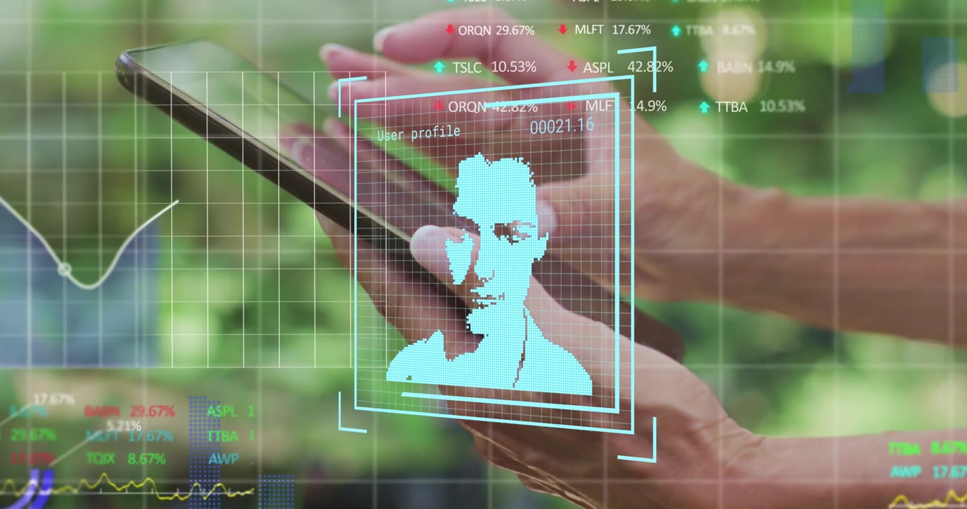 Animation of user photo and financial data over hands of caucasian woman using smartphone