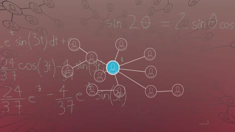 Animation-of-mathematical-equations-and-network-of-profile-icons-against-pink-gradient-background