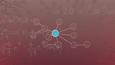 Animation of mathematical equations and network of profile icons against pink gradient background