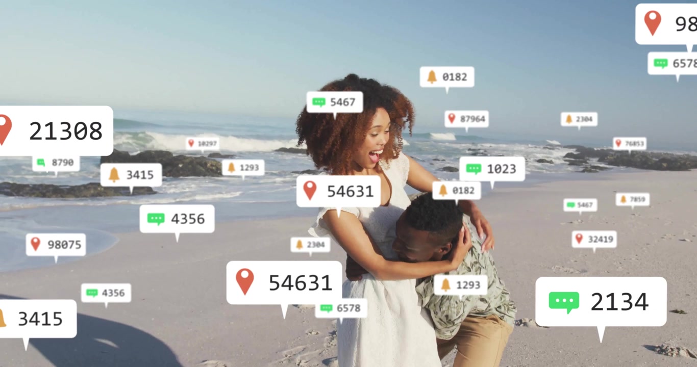 Romantic couple hitting sunny beach and driving animated social media icons tracking growth