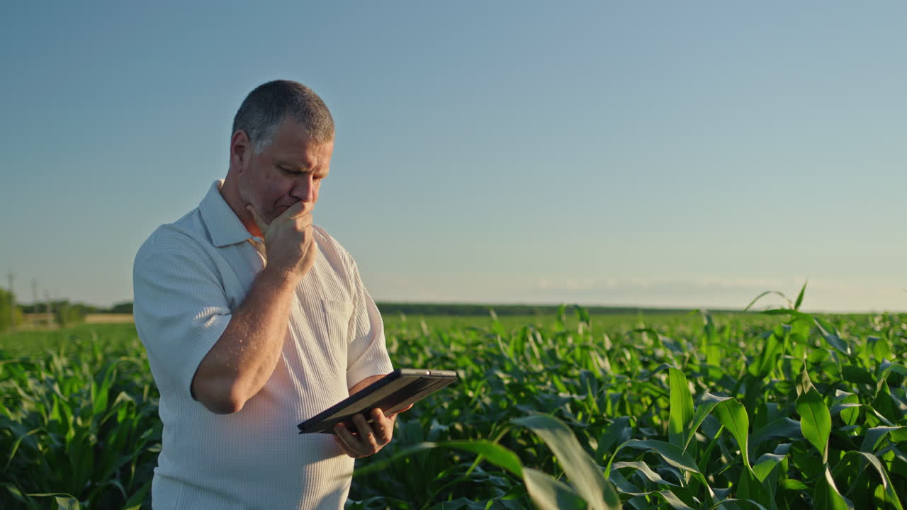 농부 가 태블릿 을 사용 하여 옥수수 작물을 점검 하고 있다