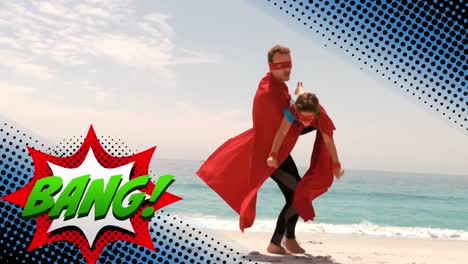 bang text on speech bubble against father carrying his son in superhero costume