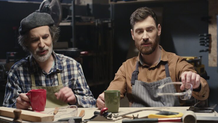 Portrait shot of two cheerful father and son carpenters talking and drinking coffee in workshop