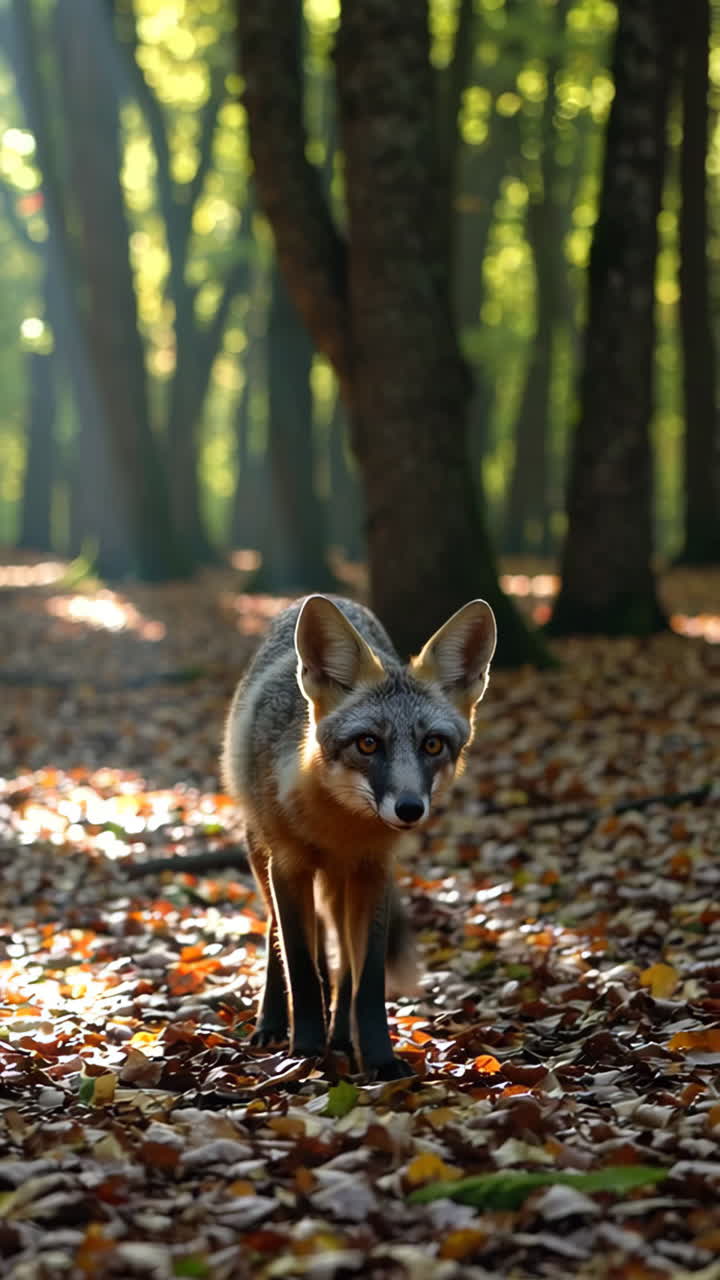 A curious fox in a sun-dappled autumn forest