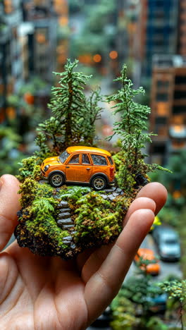 miniature car adventure on a mossy landscape with urban backdrop