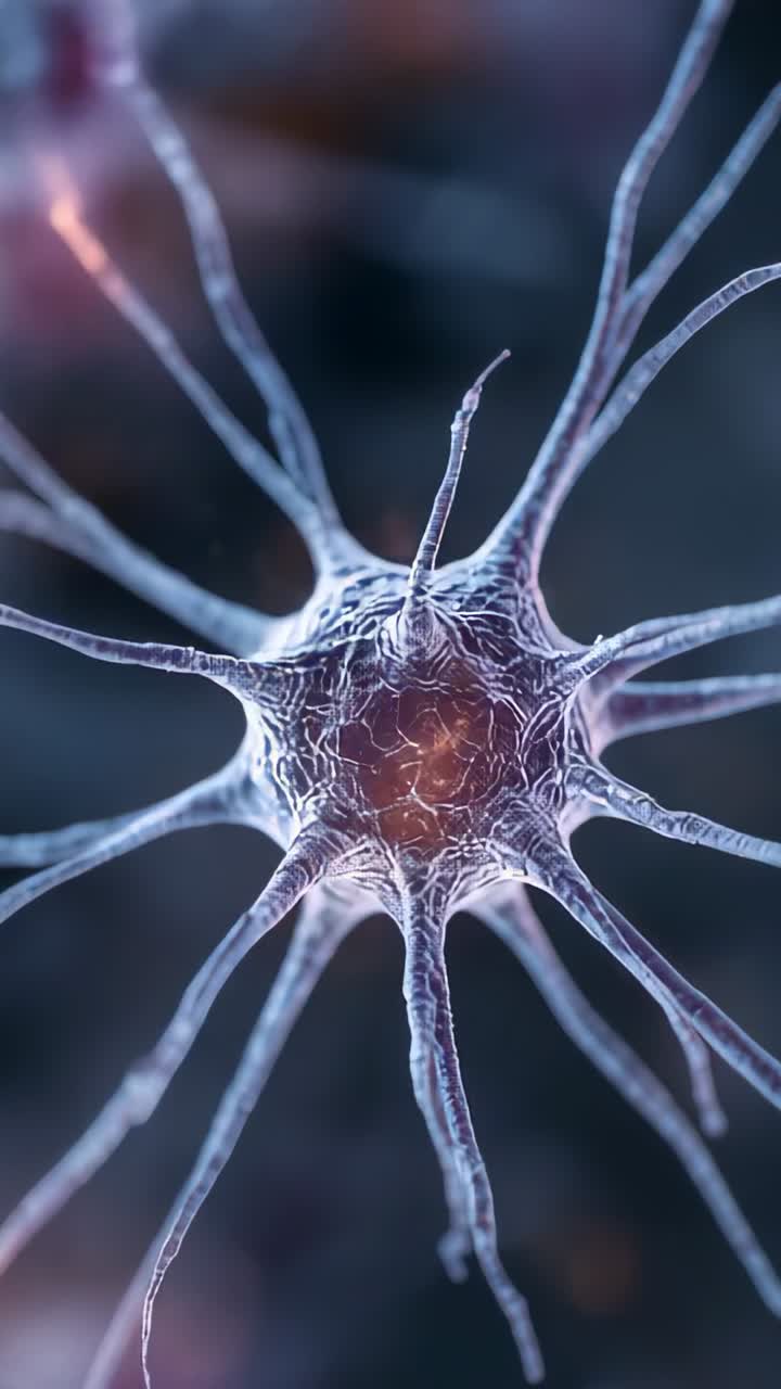 Vertical video: Rotating camera revealing neuron soma, dendrites in neural fluid with light pulses