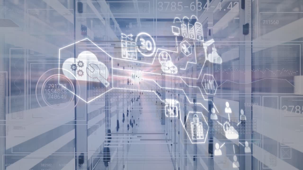 animación de la red de iconos digitales y procesamiento de datos a través de servidores