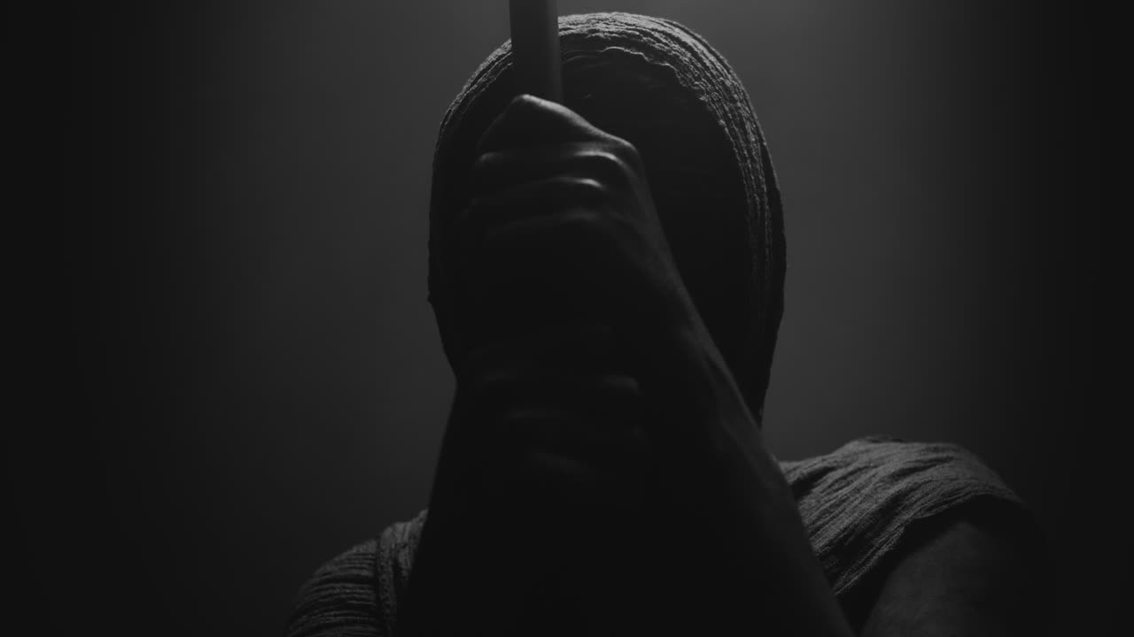 A mummified woman against the dark background pose with the walking staff