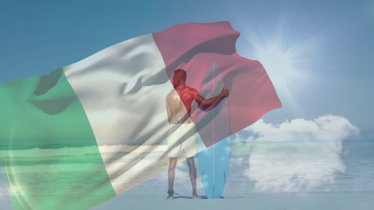 Holding surfboard on beach, Italian flag animation overlay in background