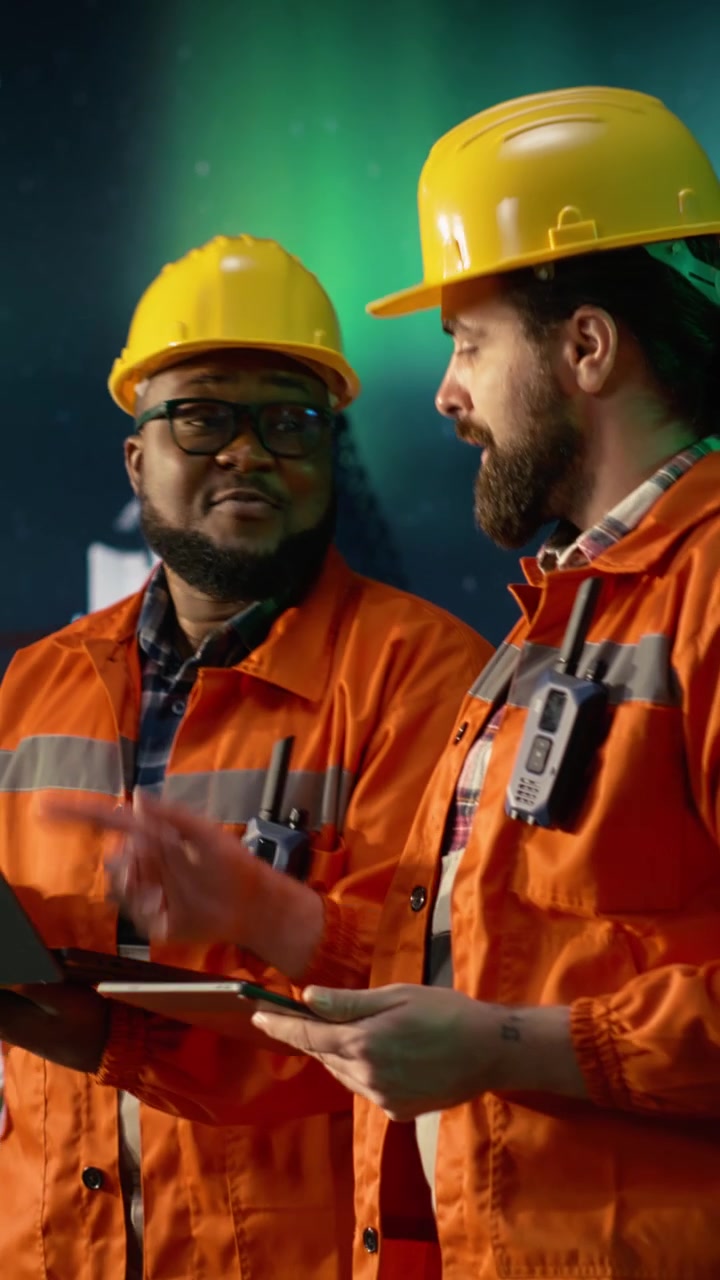 Vertical video Drilling barge engineering team men analyze oil crisis logistics with laptop