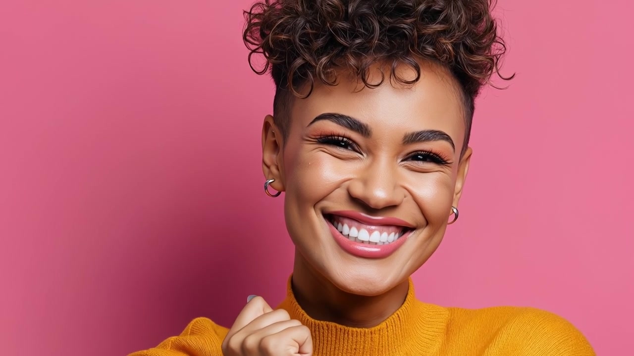 Joyful woman with short curly hair laughing and pointing at camera against pink background
