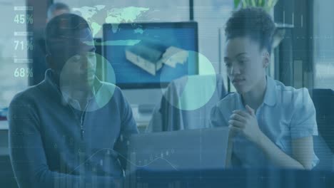 animation of statistical data processing over diverse man and woman discussing over laptop at office