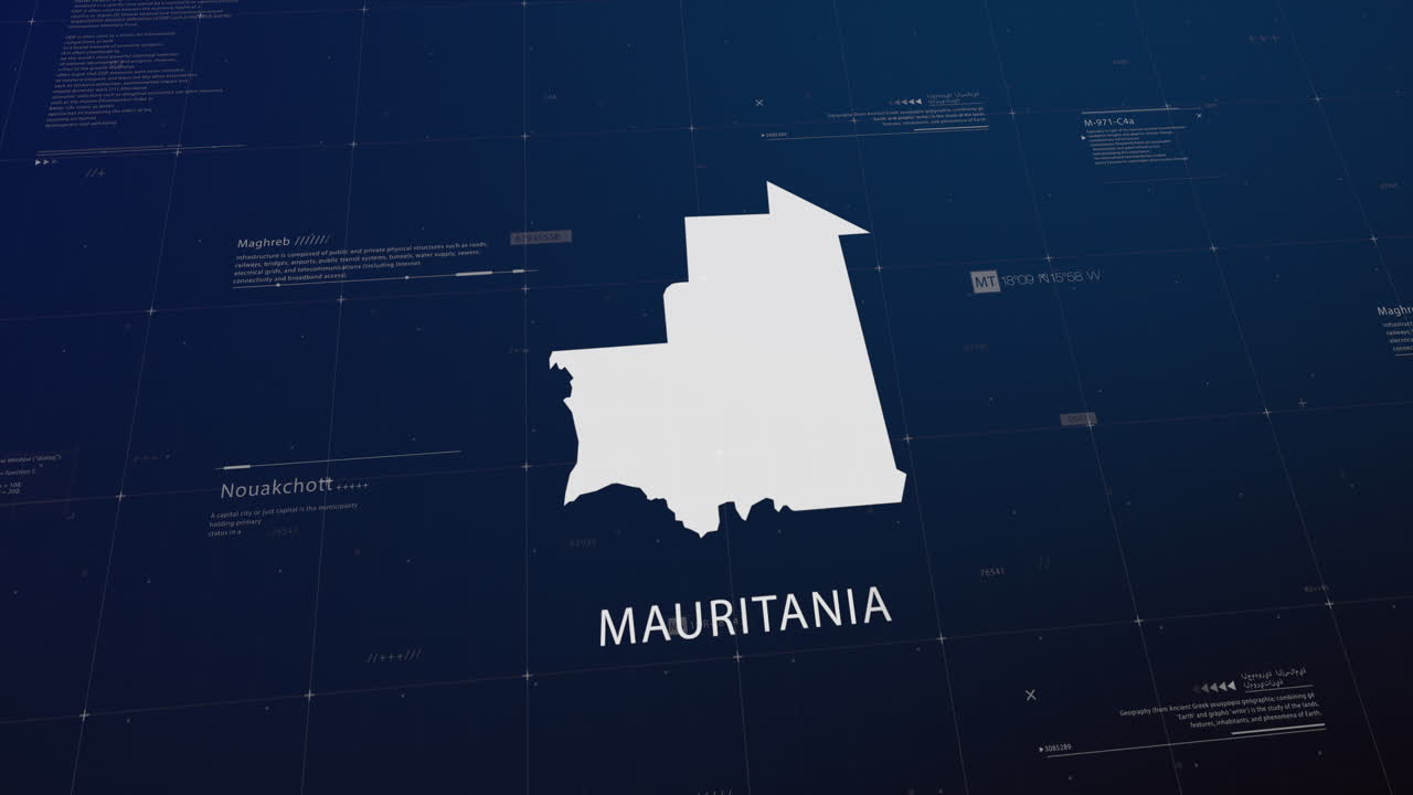 Mauritania country map comes to life with cinematic panning, unveiling key details, the capital, and slogan, providing an engaging background for corporate and commercial use