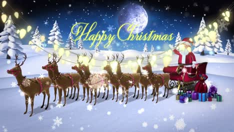 Animation-of-snowflakes-falling-over-happy-christmas-text-and-santa-claus-in-sleigh-with-reindeers