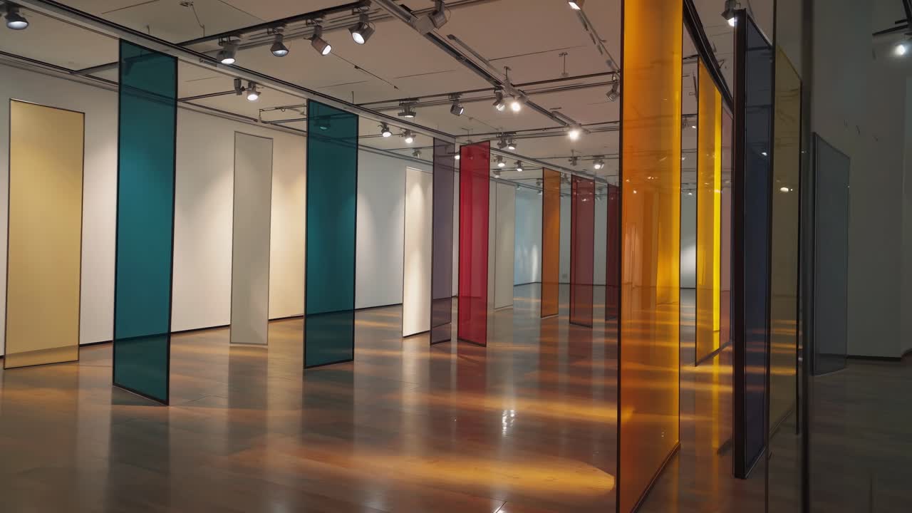 Light filtering through colorful glass panels creates a kaleidoscopic serenity in a modern art gallery, transforming the space with vibrant hues and an ethereal atmosphere