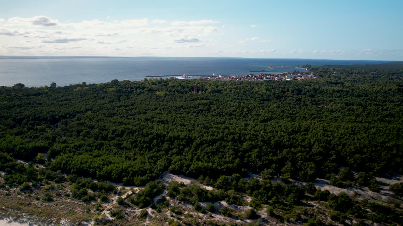 aérea sobre un bosque exuberante cerca de la ciudad turística costera de hel en el condado de puck, voivodato de pomerania, norte de polonia