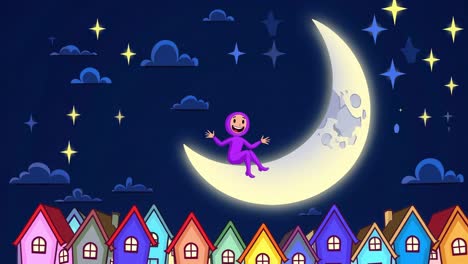 child sitting on the moon over colorful houses at night