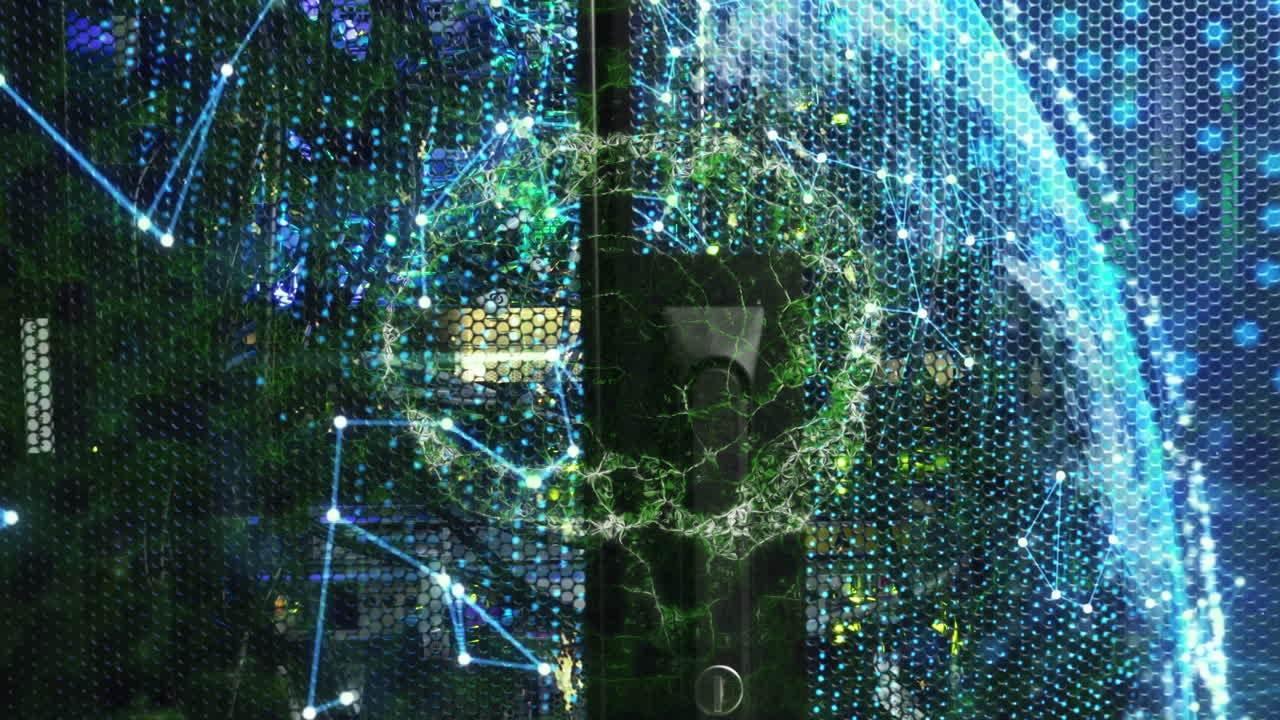 Animation of digital brain, globe, computer monitor and dots connecting with lines