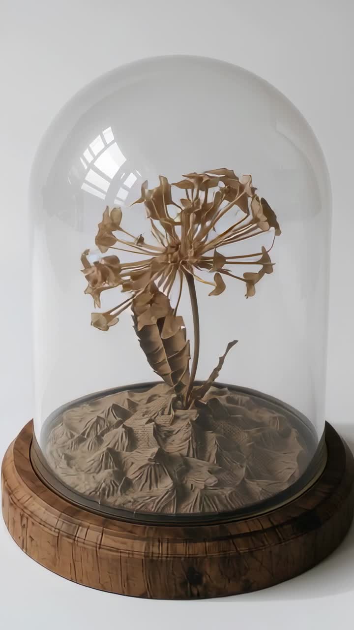 Vertical video: Camera panning around sculpted flower in glass dome on base showing sand interior
