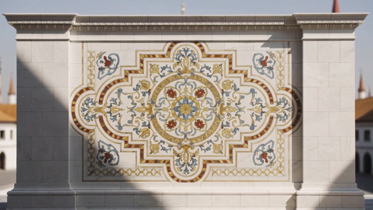 Luce solare mutevole che rivela un medaglione ornato su un pannello nella piazza, proiettando un'ombra sulla parete.