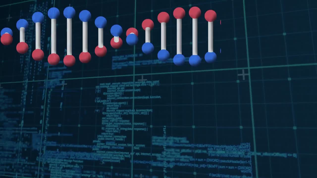 Animation of dna strand spinning over digital data processing