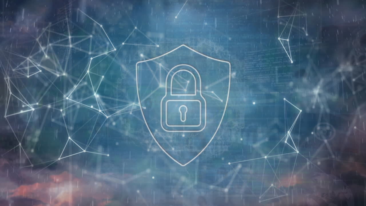 animación de un candado en el escudo con una red de conexiones sobre fondo azul