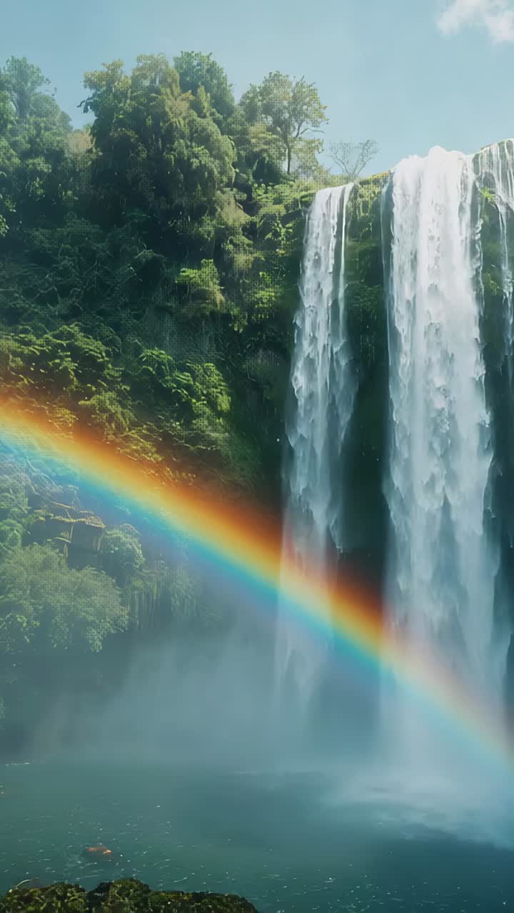 Vertical video: Pouring twin falls into emerald pool, gorge, sun hitting mist forming rainbow