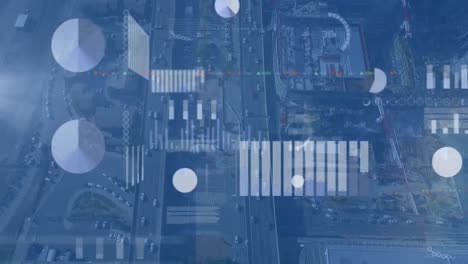 Animation-of-screens-with-statistical-data-processing-against-aerial-view-of-cityscape