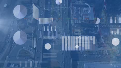 Animation of screens with statistical data processing against aerial view of cityscape