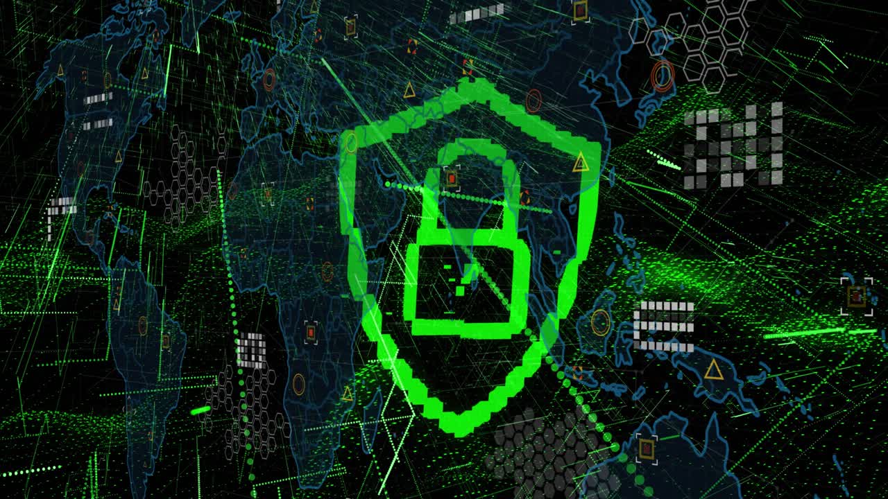 Animación de candado digital, datos e iconos sobre fondo negro