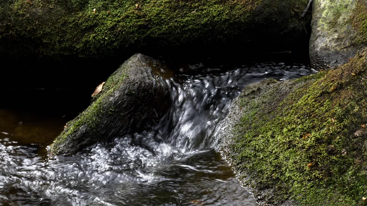 Parallax slider view of water flowing over rocks in Padley Gorge in Peak District National Park