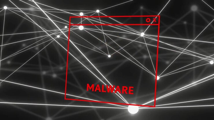 Pulso de alerta comenzando, ventana de malware roja apareciendo, con fallos, reformándose, mostrando riesgo de red.