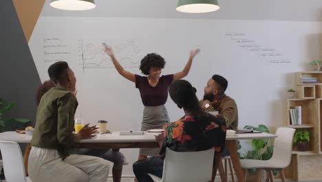 happy business people celebrating success enjoying corporate victory team leader woman excited colleague using smartphone taking video of presentation sharing on social media