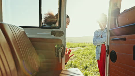 happy, travel and women with bags from a car