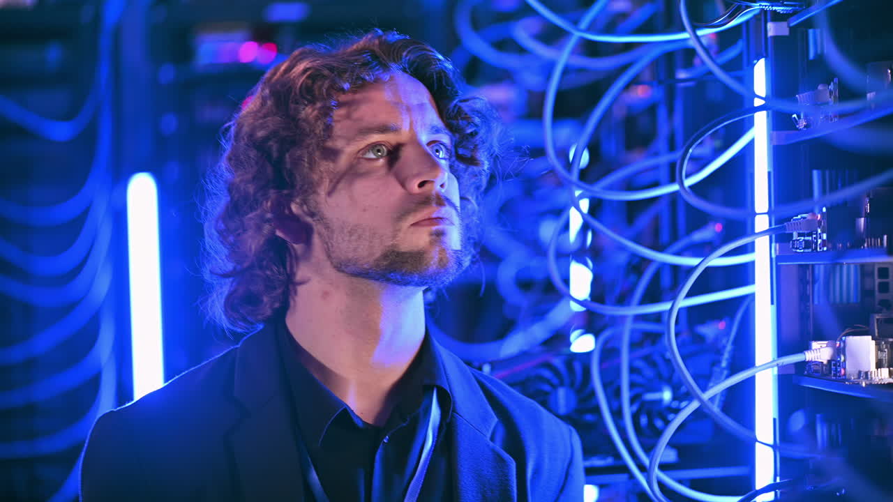 Man analysing servers in a data center