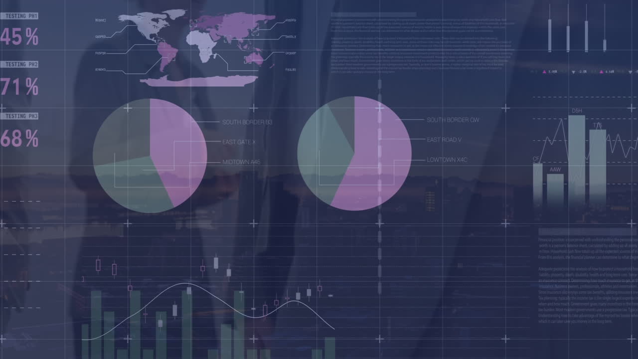 Animation of financial data processing over group of business people