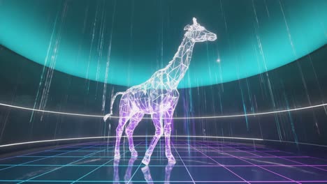 holographic wireframe giraffe in a futuristic digital environment
