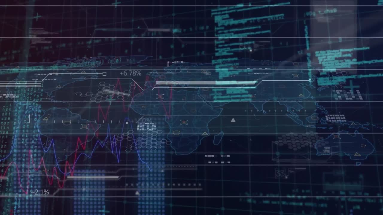 animación de gráficos y lenguaje informático sobre mapas, cuadrados y patrones hexagonales.