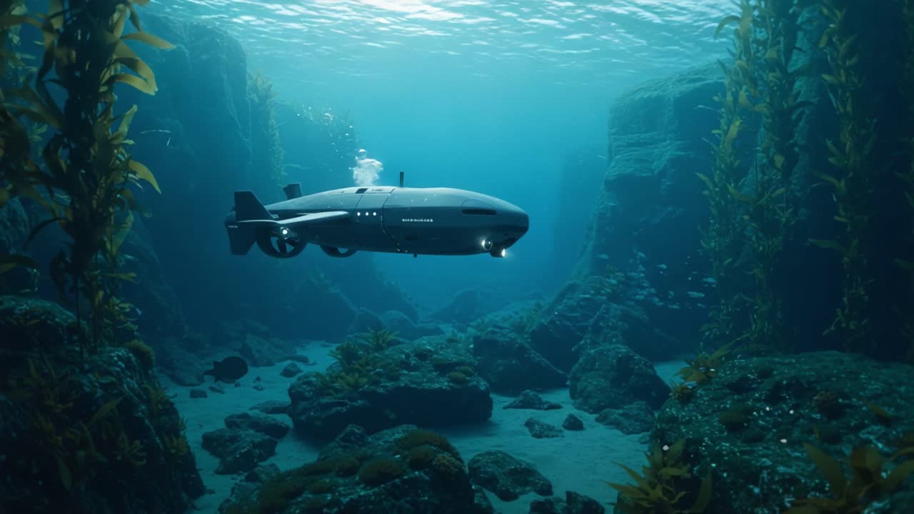 Exploring the Depths: A Submarine Navigates Underwater Landscapes Filled with Kelp and Hidden Wonders in a Mystical Ocean Environment