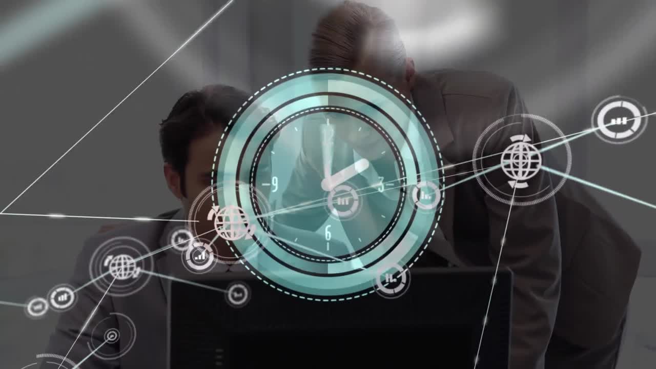 시계의 애니메이션, 비즈니스 사람들 위의 아이콘과 연결 네트워크