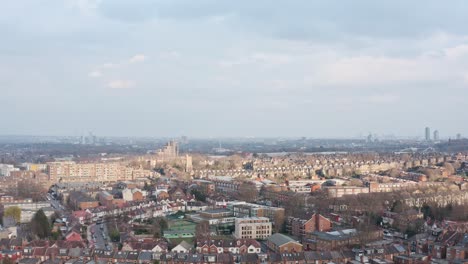 Dolly-forward-drone-shot-over-suburban-north-London-near-alexandra-palace