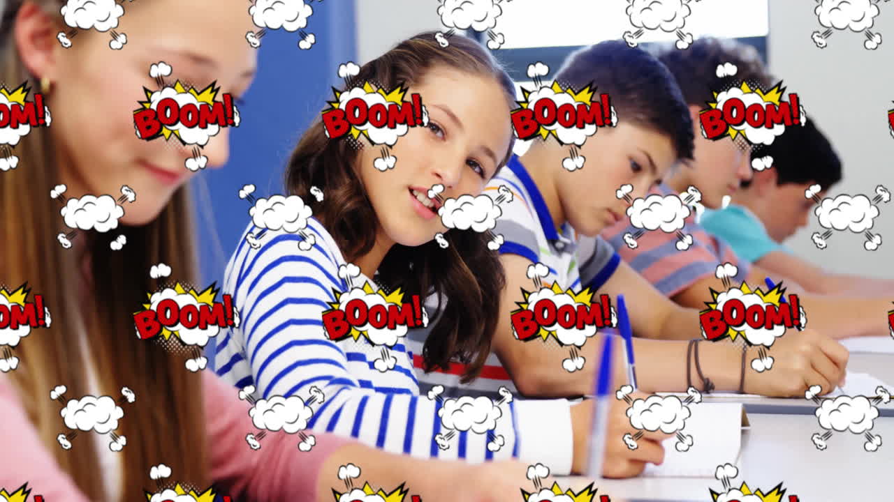 Children in classroom with comic-style BOOM! text and clouds overlay animation