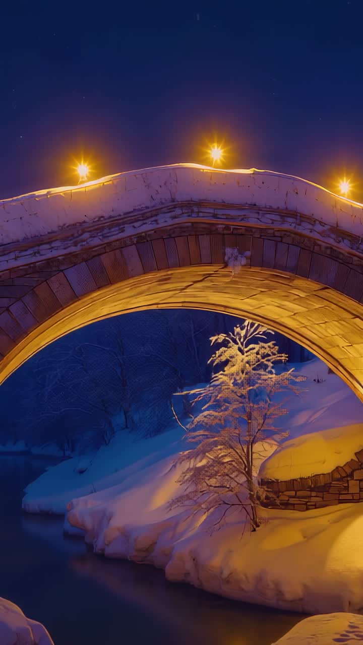 Vertical video: Tilting camera revealing stone arch bridge at night, with lamps, snow, reflections