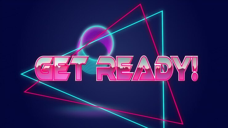 Animation of get ready text in pink shiny letters over pink and blue neon shapes on dark background