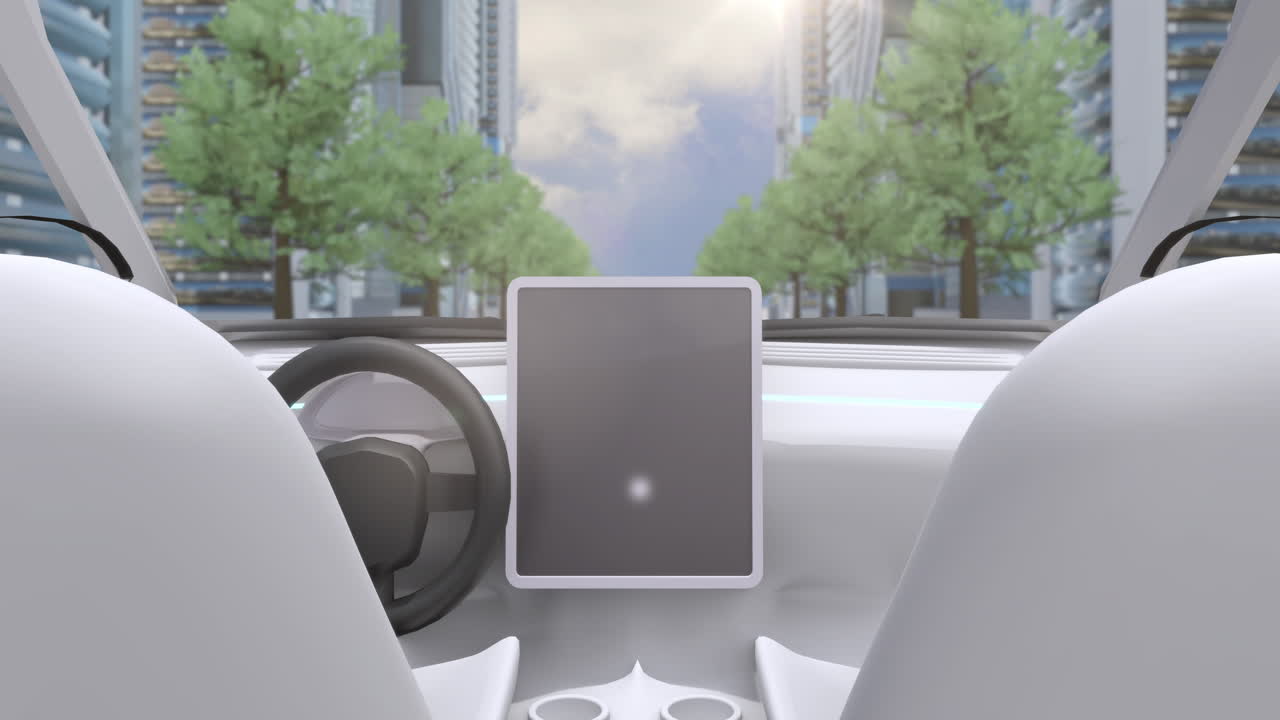 비디오 게임 시 ⁇ 레이션 화면 은 도시 거리 를 가로질러 운전 하는 자동차  ⁇   ⁇  을 보여준다