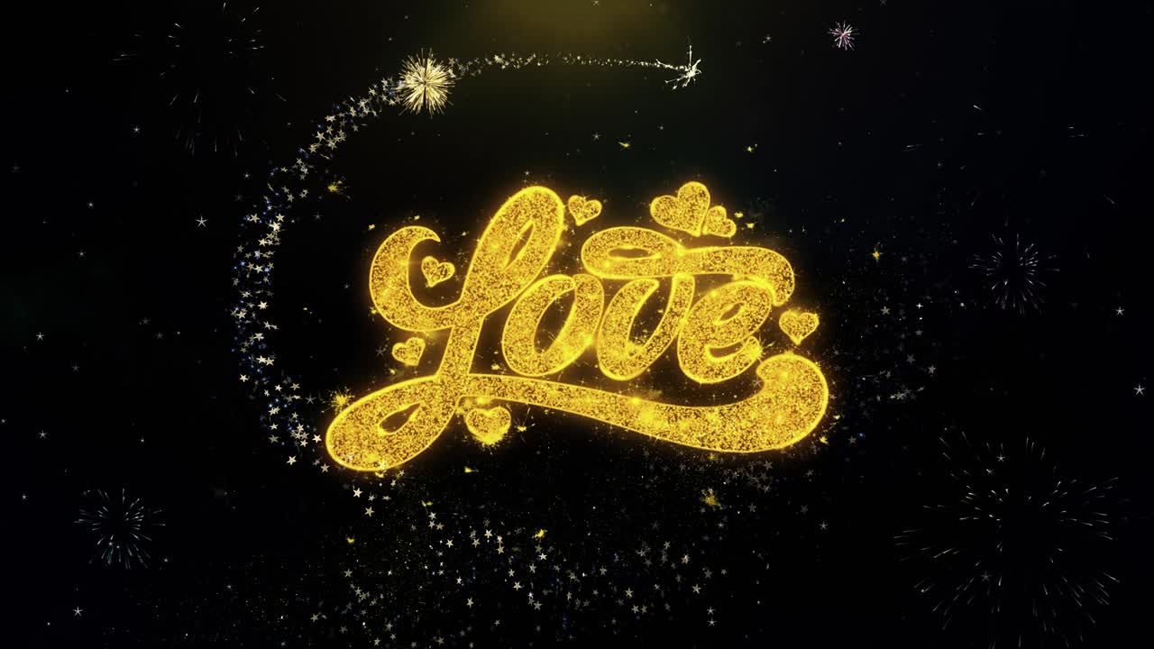 Golden Love Text with Fireworks