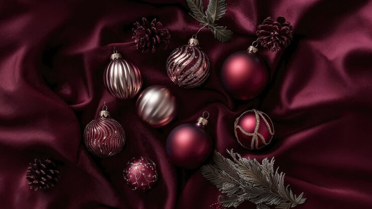 Christmas Ornaments on Maroon Velvet Background