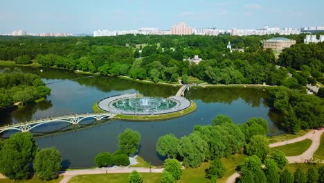 aerial view of a park with a fountain and bridge