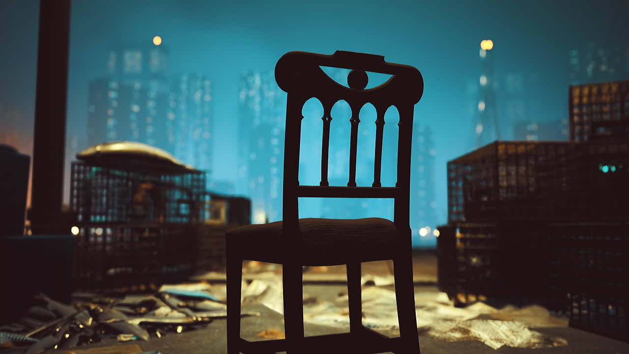 Silhouette of a chair in an urban environment surrounded by litter at night