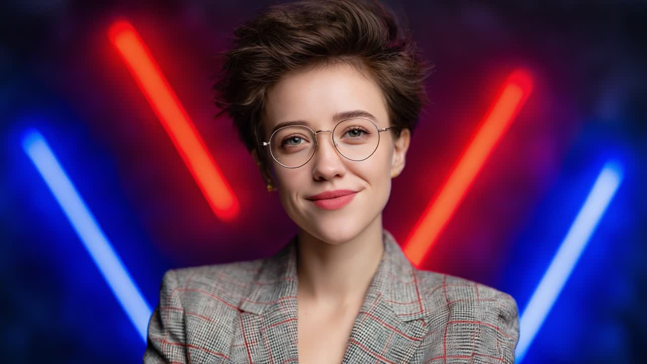 A confident young woman with a stylish haircut and glasses poses against a colorful backdrop of red and blue lights, exuding charm and modern elegance
